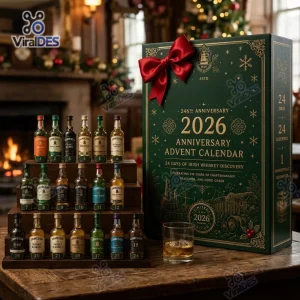 Front view of Jameson Irish Whiskey 2026 Anniversary Advent Calendar box with miniature bottles and a glass of whiskey.