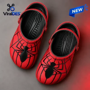 Top down view of Red Spider Web Black Clogs with black spider graphics and heel straps.