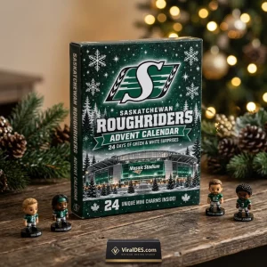 Angle view of the Saskatchewan Roughriders 2026 Advent Calendar box on a wooden table with mini figurines.