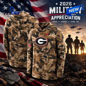 Front and back view of the University of Georgia 2026 Military Appreciation Camo Hoodie against a patriotic backdrop.
