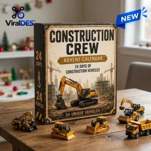 Front view of the Construction Crew Advent Calendar 2026 box with toy vehicles displayed on a table.