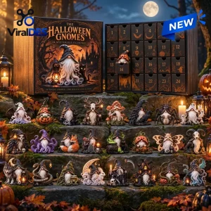 Front view of The Halloween Gnomes Advent Calendar box open with 24 numbered drawers and figurines displayed.