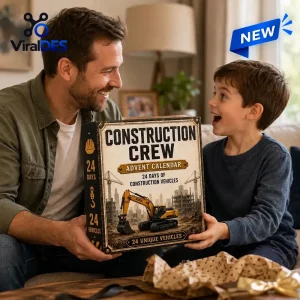 Father and son holding the Construction Crew Advent Calendar 2026 together in a living room.