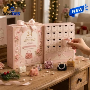 Front view of Mini Bag Atelier Pearl Advent Calendar with small beaded bags displayed on a wooden table.