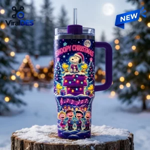 Front view of a Snoopy Christmas Winter Snow 40oz Tumbler featuring a festive nighttime illustration.