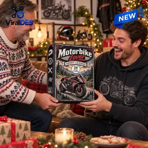 Front view of two men holding a Motorbike Lover Advent Calendar in a living room.