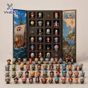 Front view of the One Piece Advent Calendar 2026 with numbered compartments open, revealing various miniature figures.