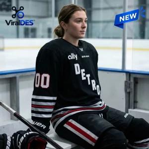 Player wearing PWHL Detroit 2026 Personalized Hockey Jersey sitting on a hockey bench.