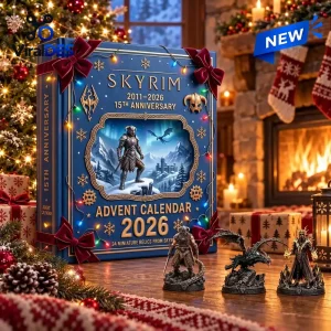 Front view of the Skyrim 15th Anniversary 2026 Advent Calendar box next to figurine collectibles near a fireplace.
