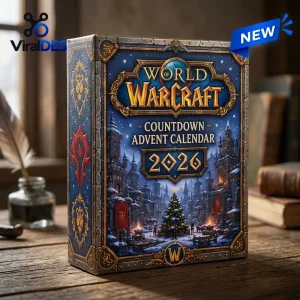 Front view of the World of Warcraft 2026 Countdown Advent Calendar box featuring blue castle artwork.