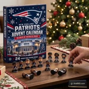Front view of New England Patriots Advent Calendar 2026 with miniature figurines arranged on a wooden table.