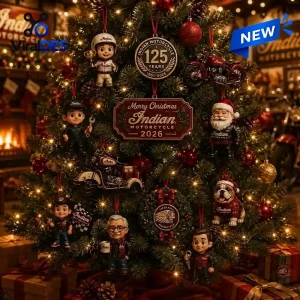 Front view of an Indian Motorcycle 125th Anniversary 2026 Advent Calendar displayed on a decorated Christmas tree.