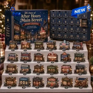 Front view of After Hours Main Street Advent Calendar with packaging and twenty-four miniature shops displayed on tiered steps.