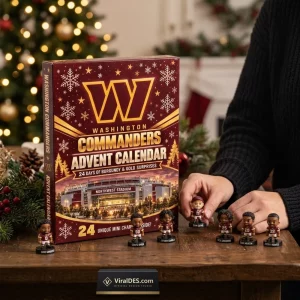 Front view of the Washington Commanders 2026 Advent Calendar box with mini figures on a wooden table.