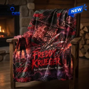 Front view of a Freddy Krueger Nightmare Fleece Blanket draped over a wooden chair near a fireplace.