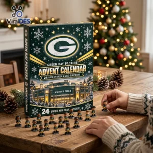 Front view of Green Bay Packers 2026 Advent Calendar box with miniature figurines on a wooden table.