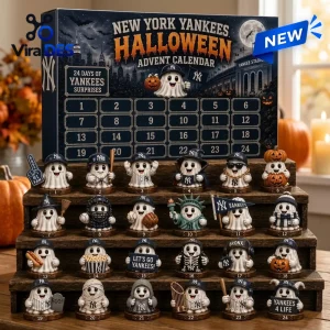 Front view of New York Yankees Halloween Advent Calendar 2026 box and twenty four ghost figurines.