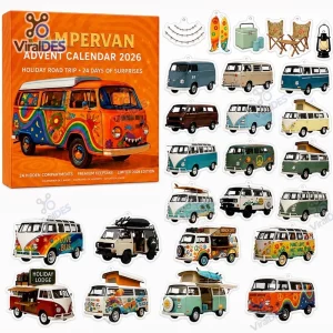 Top view of Campervan Advent Calendar 2026 Holiday Road Trip box with assorted camper van ornaments.