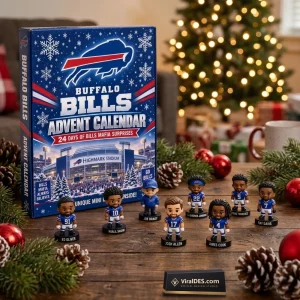 Front view of the Buffalo Bills NFL Football Advent Calendar 2026 with mini figurines displayed on a festive table.