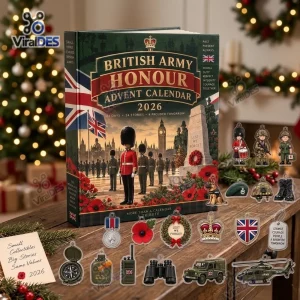 Front view of the British Army Honour Advent Calendar 2026 book box with miniature collectible charms on a wooden table.