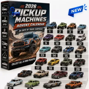 Front view of Pickup Machines Advent Calendar box next to a tiered display of toy trucks.
