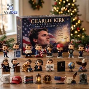 Front view of Charlie Kirk Memorial Advent Calendar 2026 box with various figurines and miniature items arranged in front.