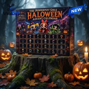 Front view of The Powerpuff Girls Halloween Advent Calendar 2026 resting on a tree stump surrounded by pumpkins.