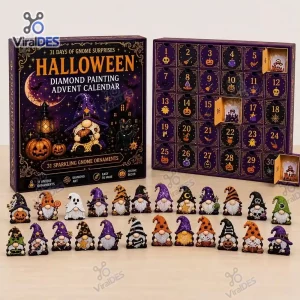 Front view of a Halloween Gnome Diamond Painting Advent Calendar with box, numbered doors, and figurines.