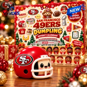 Front view of San Francisco 49ers Special Squishies Advent Calendar with a helmet toy.