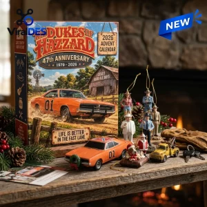 Front view of The Dukes of Hazzard 2026 Advent Calendar box alongside miniature toy cars and character figures on wood.