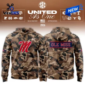 Front and back view of Ole Miss Rebels 2026 military appreciation camo hoodie with red lettering.