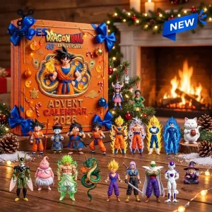 Front view of Dragon Ball 40th Anniversary Advent Calendar 2026 box with figures displayed on a table.