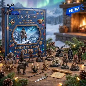 Front view of the Skyrim 15th Anniversary 2026 Advent Calendar box alongside collectible figures and items.