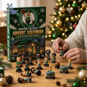 Closeup of Boston Celtics 2026 Advent Calendar box alongside miniature player figurines on a table.