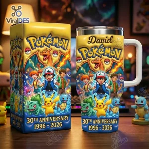 Front view of a Pokemon 30th Anniversary 1996-2026 Tumbler Cup next to its matching yellow box.