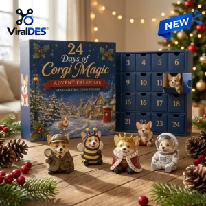 Front view of British Corgis Advent Calendar 2026 with numbered drawers and miniature corgi figures.