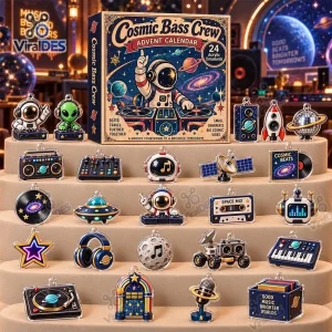 Front view of Cosmic Bass Crew Advent Calendar 2026 with acrylic music and space ornaments displayed on tiers.