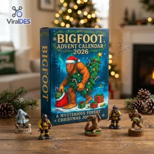 Front view of Bigfoot 2026 Advent Calendar box with seasonal figurines on a wooden table.