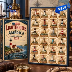 Front view of the Lighthouses Of America 2026 Advent Calendar box next to an open display grid of miniature lighthouse figurines.