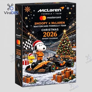 Front view of the Snoopy x McLaren Formula 1 Christmas 2026 Advent Calendar box in a snowy racing scene.
