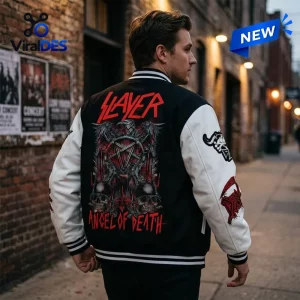 Back view of a person wearing a Slayer Angel Of Death Baseball Varsity Jacket outdoors in an alley.