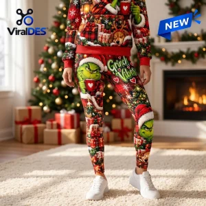 Front view of a Grinch Hoodie and Leggings Set featuring holiday graphics and a fireplace setting.