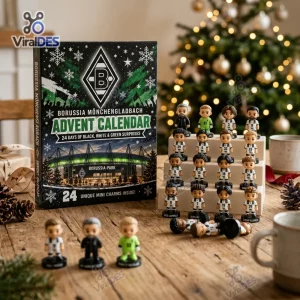 Front view of Borussia Mönchengladbach Advent Calendar box with mini figurines displayed on stands.