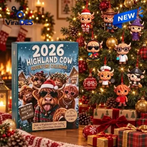 Front view of a Highland Cow 2026 Advent Calendar box beside a decorated Christmas tree with themed ornaments.