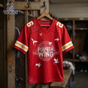 Front view of the Kansas City Chiefs Fourth Wing Custom Football Jersey hanging in a locker room.