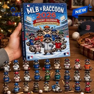 Hand holding MLB x Raccoon 2026 Advent Calendar box with miniature raccoon baseball figurines arranged below.