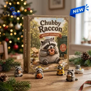 Front view of the Chubby Raccoon Resin Advent Calendar box displayed with five miniature raccoon figurines on a wooden table.
