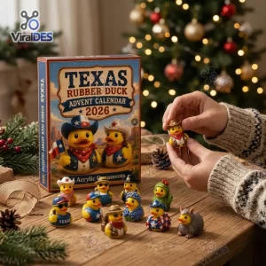 Hands holding a tiny cowboy rubber duck next to the Texas Cowboy Rubber Duck Advent Calendar 2026 box.