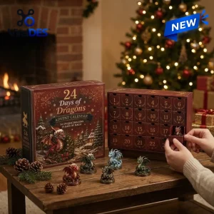 Front view of the 24 Days of Dragons Advent Calendar with numbered boxes, figures on a table, and a tree in the background.