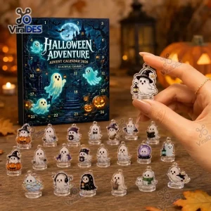 Front view of a Halloween 2026 ghost advent calendar box with multiple acrylic charms displayed.